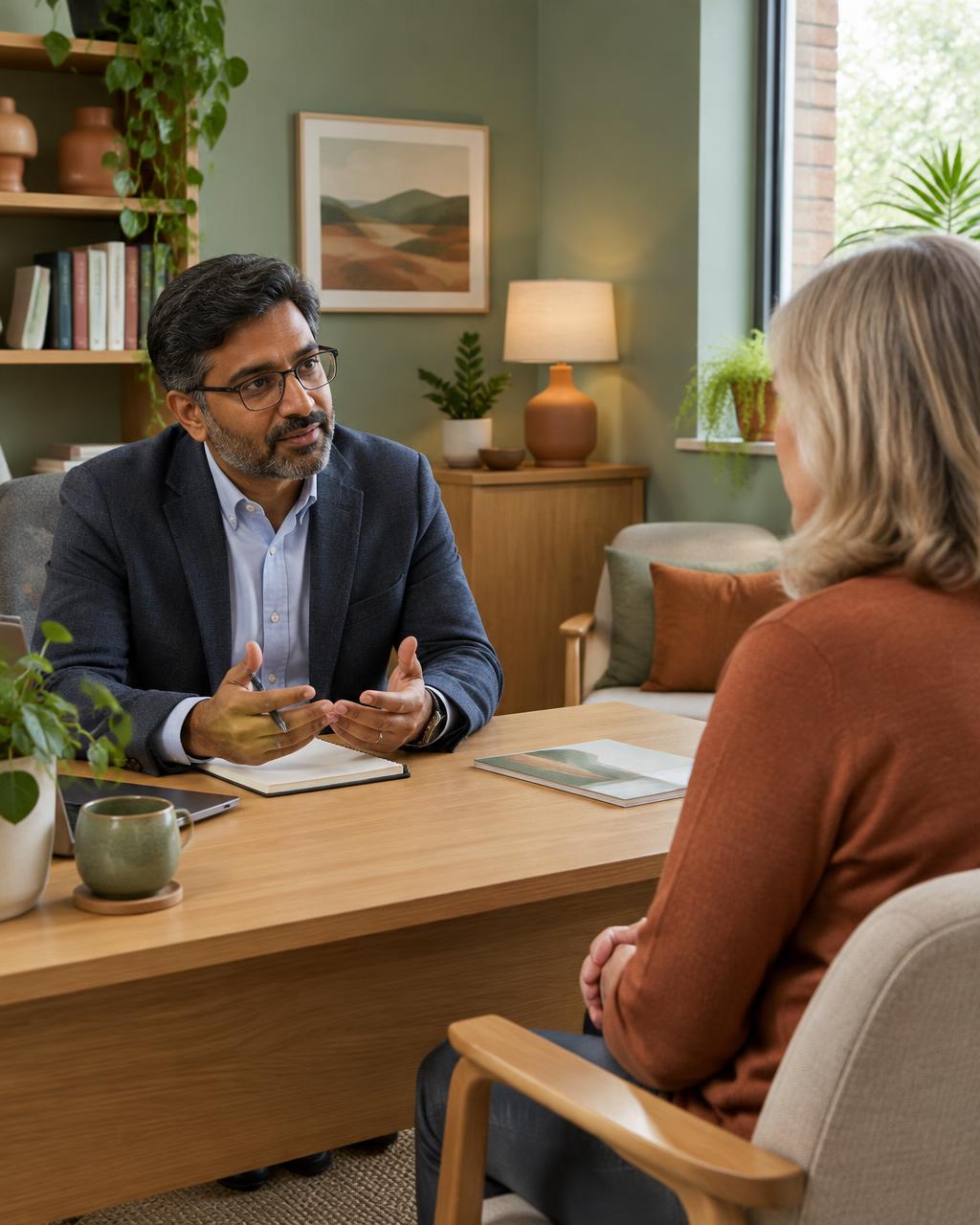 A psychiatrist discussing ketamine treatment options with a patient in a calm office