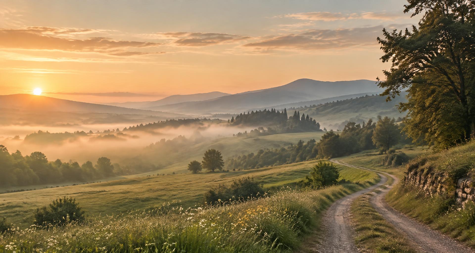 Misty green hills and a winding path at sunrise, in the warm sage and clay tones of the Ketamine Directory brand