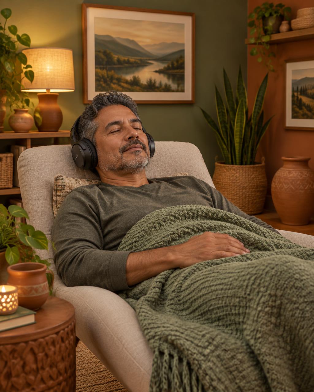 A patient relaxing in a comfortable recliner with headphones during a supervised ketamine session in a calm, spa-like room